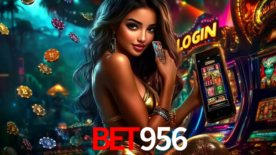 Mulher em um cenário de cassino temático de aventura, mostrando o app de caça-níqueis da bet956 no celular. Fichas de apostas flutuam ao redor.
