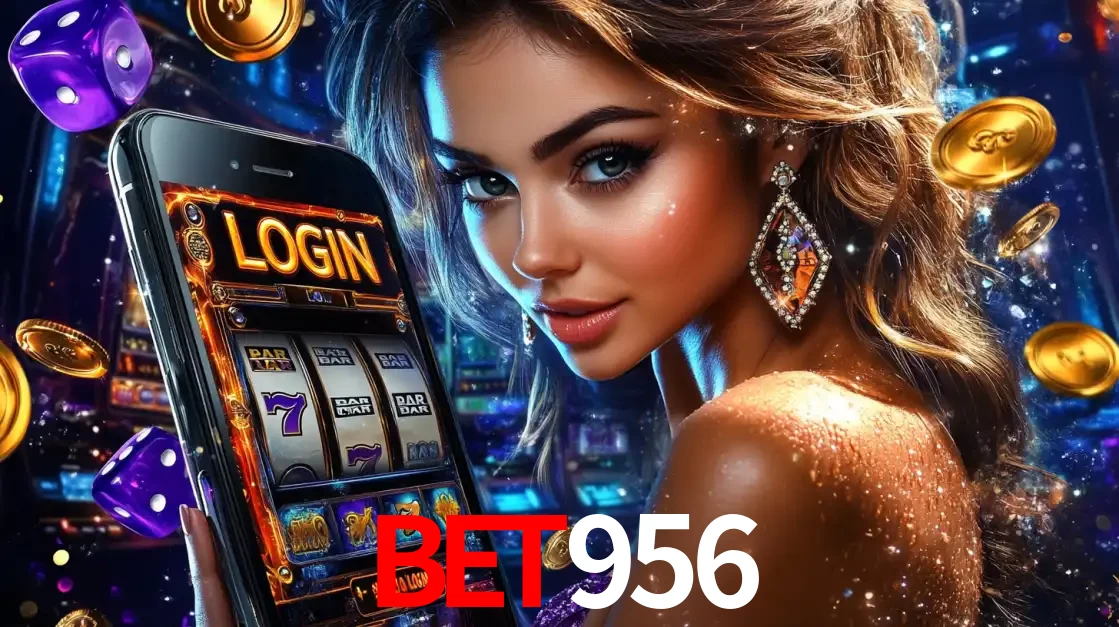 Mulher glamorosa segurando um smartphone com a tela de login para os jogos de caça-níqueis do cassino online bet956, com moedas de ouro e dados ao redor.