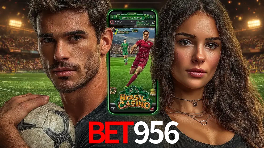 Homem segurando uma bola de futebol e uma mulher ao lado de um smartphone exibindo o jogo de apostas esportivas da bet956. Faça seu palpite no cassino online.